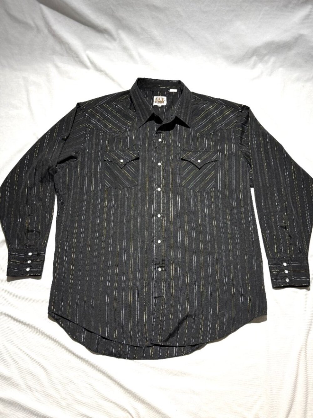 Ely Cattleman Mens Shirt XXL Black/ Metallic Stripes Pearl Snap Western Dress - Picture 2 of 7
